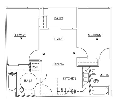 A floor plan of a house with a living room, dining room, kitchen, and bathrooms.